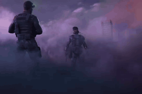Two Soldiers Shaking Hands In Foggy Area GIF