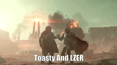 Two Soldiers Shaking Hands With The Words Toasty And Lzer On The Bottom GIF