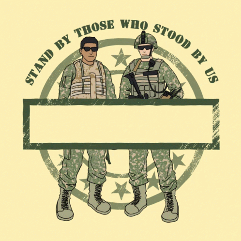 Two Soldiers Stand In Front Of A Sign That Says " Don 'T Leave Afghan Allies Behind " GIF