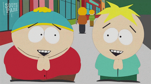 Two South Park Characters Are Standing Next To Each Other On A Sidewalk GIF