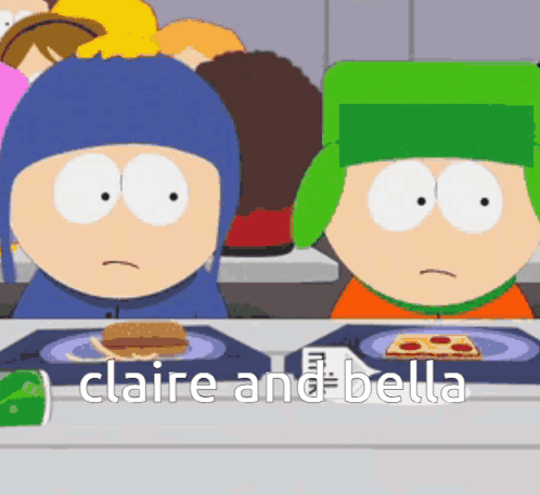 Two South Park Characters at Table With Claire and Bella