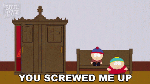 Two South Park Characters Sit On A Bench With The Words You Screwed Me Up Above Them GIF