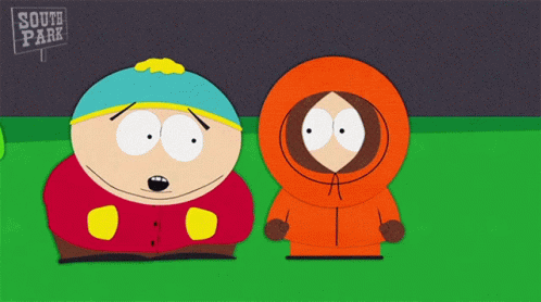 Two South Park Characters Standing Next To Each Other In Front Of A Sign That Says South Park GIF