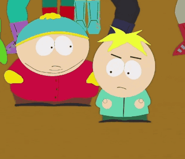 Two South Park Characters Standing Next To Each Other On A Brown Background GIF