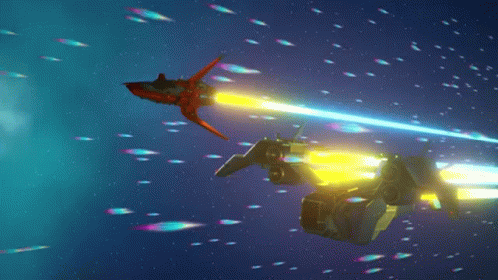 Two Spaceships Are Flying Through Space And One Of Them Is Shooting A Beam Of Light GIF