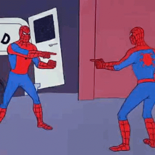 Two Spidermans Are Pointing At Each Other While Standing Next To Each Other In Front Of A Door . GIF