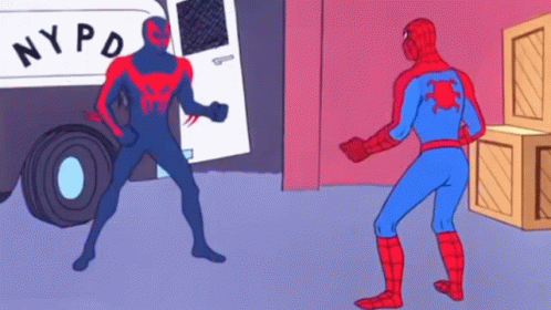Two Spidermans Are Standing In Front Of A Nypd Vehicle GIF