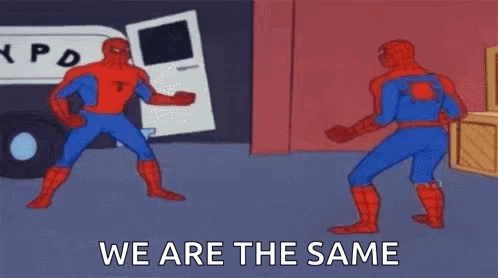 Two Spidermans Are Standing Next To Each Other In Front Of A Van And Saying `` We Are The Same '' . GIF