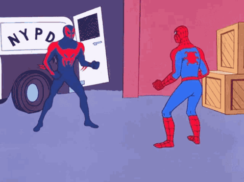 Two Spooderman Pointing Each Other GIF