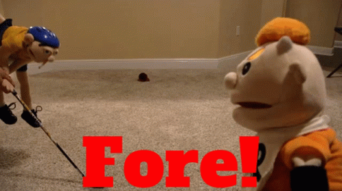 Two Stuffed Animals Are Playing A Game With The Word Fore In Red GIF
