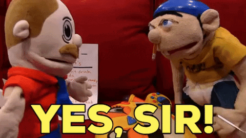 Two Stuffed Animals Are Sitting Next To Each Other With The Words Yes Sir Written In Yellow Letters GIF