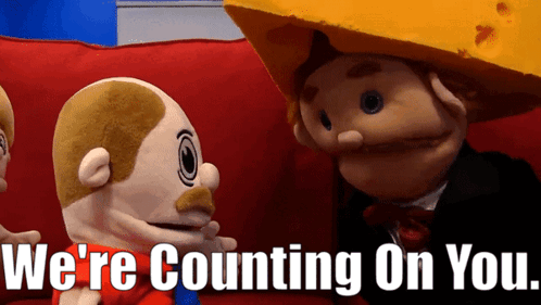 Two Stuffed Animals Are Sitting On A Couch With The Words We 'Re Counting On You GIF