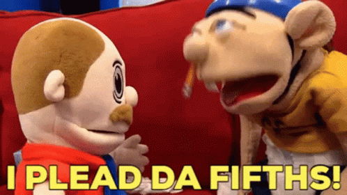 Two Stuffed Animals Are Sitting On A Red Couch And One Says I Plead Da Fifths ! GIF