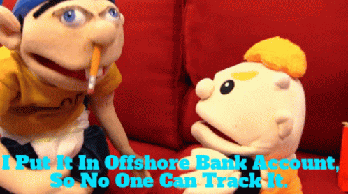 Two Stuffed Animals Are Sitting On A Red Couch With The Words " Put It In Offshore Bank Account So No One Can Track It " GIF