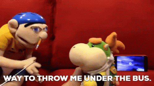 Two Stuffed Animals Are Sitting On A Red Couch With The Words Way To Throw Me Under The Bus GIF
