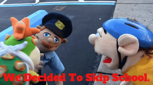 Two Stuffed Animals Are Standing Next To Each Other With The Words We Decided To Skip School Below Them GIF