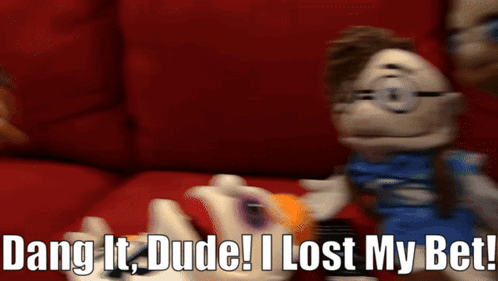 Two Stuffed Animals Dang It Dude Lost Bet Red Couch GIF