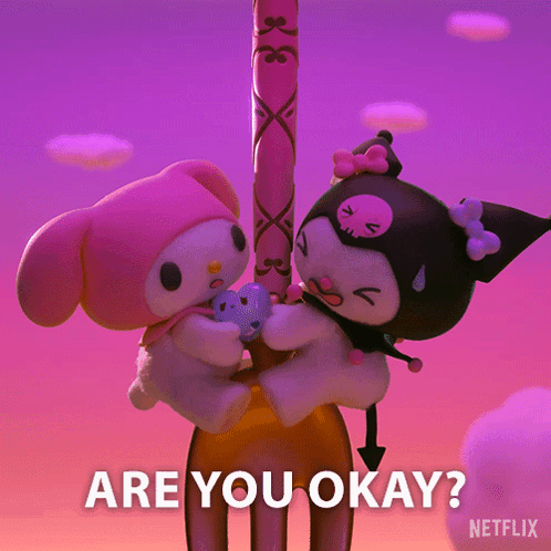 Two Stuffed Animals Hanging From Fork Saying Are You Okay GIF