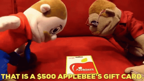 Two Stuffed Animals Looking At An Applebee Gift Card GIF
