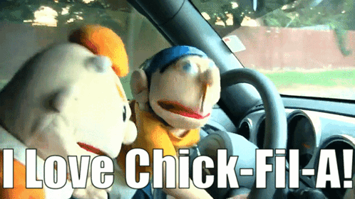 Two Stuffed Animals Sitting In A Car With The Words I Love Chick-Fil-A GIF