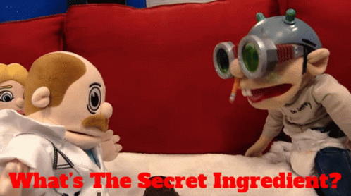Two Stuffed Animals Sitting On A Couch With The Words " What 'S The Secret Ingredient " GIF
