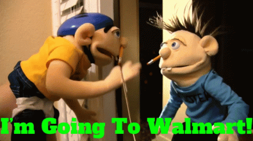 Two Stuffed Animals Standing Next To Each Other With The Words " I 'M Going To Walmart " In Green Letters GIF
