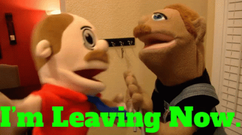 Two Stuffed Animals Standing Next To Each Other With The Words " I 'M Leaving Now " GIF
