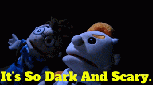 Two Stuffed Animals Standing Next To Each Other With The Words It 'S So Dark And Scary Above Them GIF