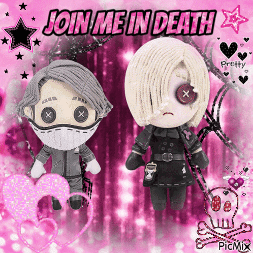 Two Stuffed Dolls On A Pink Background With The Words Join Me In Death Written Above Them GIF