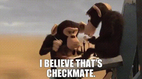 Two Stuffed Monkeys Are Playing Chess And One Of Them Is Saying I Believe That 'S Checkmate . GIF