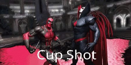 Two Superheroes Standing With Cup Shot GIF