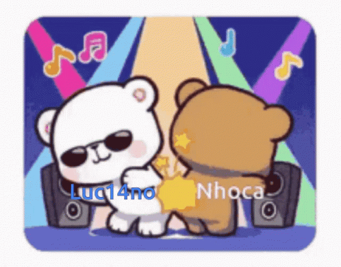 Two Teddy Bears Are Dancing In Front Of Speakers With The Name Nhoca On The Back Of One Of Them GIF