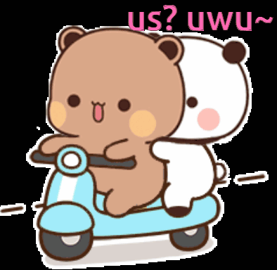 Two Teddy Bears Are Riding A Blue Scooter With The Words Us ? Uwu Written On The Bottom . GIF