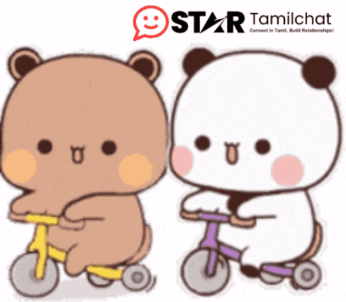 Two Teddy Bears Are Riding A Scooter And A Star Tamilchat Logo Is Above Them GIF