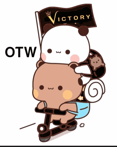 Two Teddy Bears Are Riding A Scooter And One Bear Is Holding A Victory Flag GIF