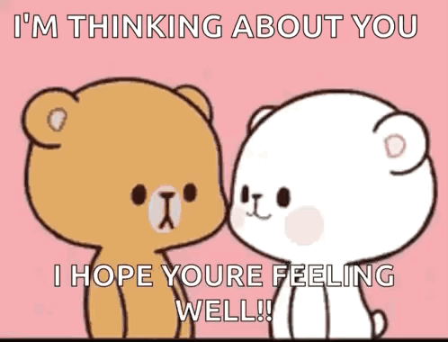 Two Teddy Bears Are Sitting Next To Each Other On A Pink Background And Talking To Each Other . GIF