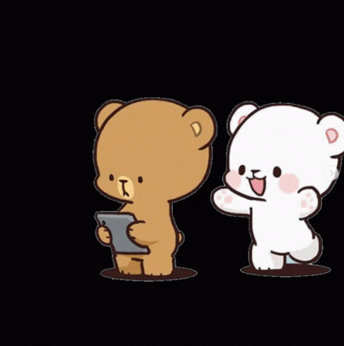 Two Teddy Bears Are Standing Next To Each Other And One Is Holding A Cell Phone GIF