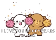 Two Teddy Bears Are Standing Next To Each Other Holding Pom Poms And Saying `` I Love You Honey Bears '' . GIF