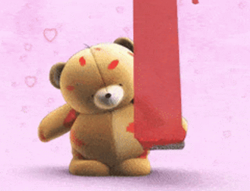 Two Teddy Bears Are Standing Next To Each Other In Front Of A Pink Background GIF