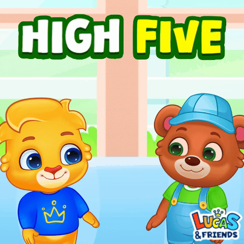 Two Teddy Bears Are Standing Next To Each Other In Front Of A Sign That Says " High Five " GIF