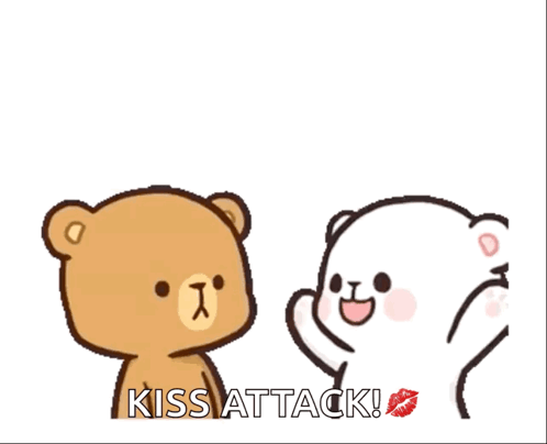 Two Teddy Bears Are Standing Next To Each Other With The Words Kiss Attack Written On The Bottom . GIF