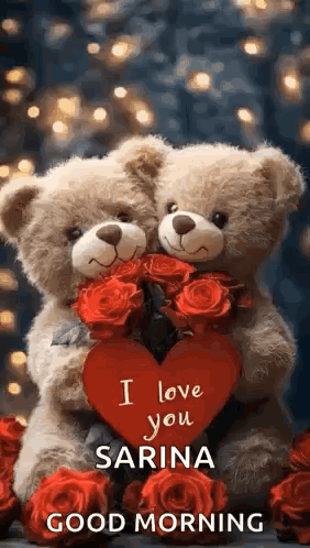 Two Teddy Bears Holding Heart And Roses GIF
