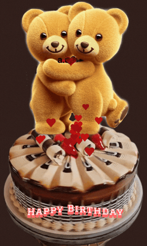 Two Teddy Bears Hugging Each Other On Top Of A Birthday Cake That Says Happy Birthday GIF