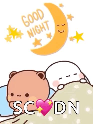 Two Teddy Bears Laying in Bed with Crescent Moon Good Night SC DN