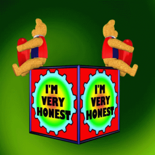 Two Teddy Bears Sitting on Box Saying I'm Very Honest