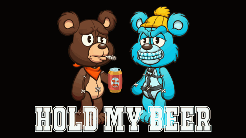 Two Teddy Bears Standing Next To Each Other With The Words Hold My Beer On The Bottom GIF