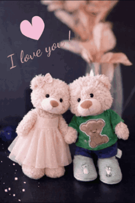 Two Teddy Bears Standing Next To Each Other With The Words I Love You GIF