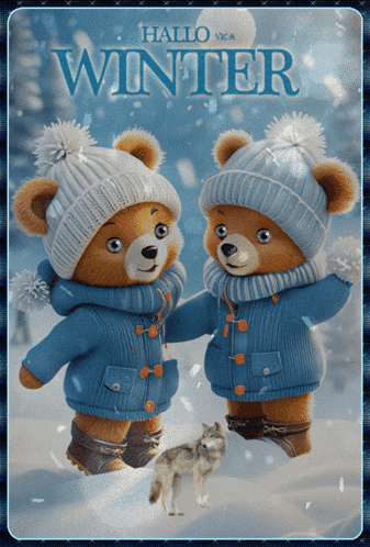 Two Teddy Bears Wearing Blue Sweaters And Hats Are Standing In The Snow With A Wolf And The Words Hallo Winter GIF