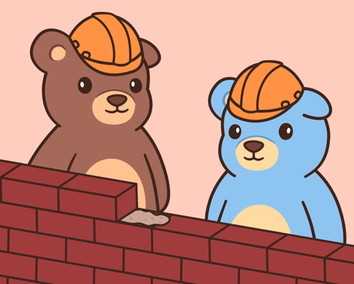 Two Teddy Bears Wearing Hard Hats Are Standing Next To Each Other On A Brick Wall GIF