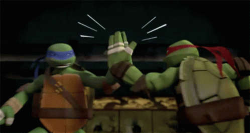 Two Teenage Mutant Ninja Turtles Are Fighting Each Other In A Dark Room . GIF